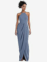 Front View Thumbnail - Larkspur Blue Halter Draped Tulip Skirt Maxi Dress