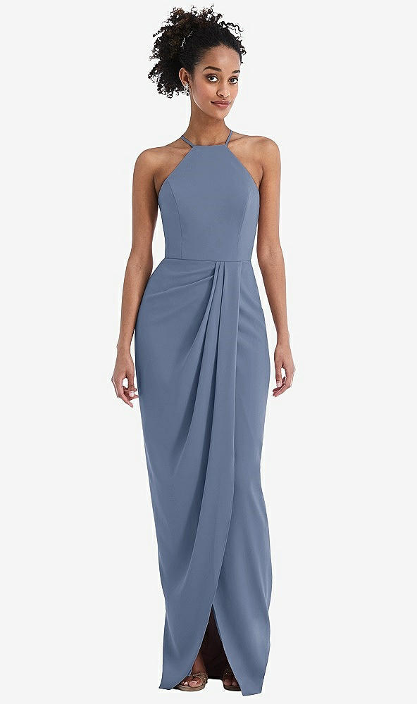 Front View - Larkspur Blue Halter Draped Tulip Skirt Maxi Dress