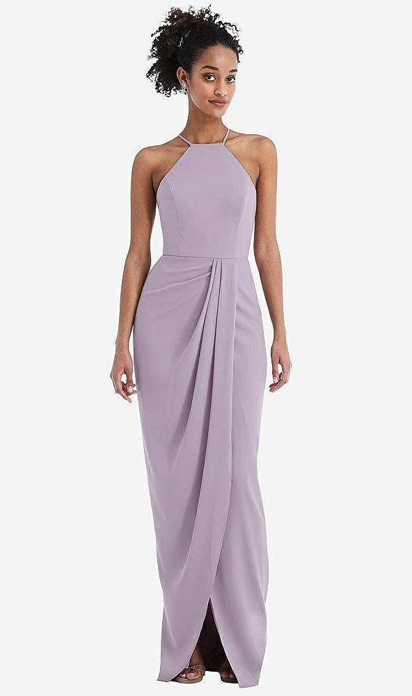 Front View - Lilac Haze Halter Draped Tulip Skirt Maxi Dress