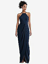 Front View Thumbnail - Midnight Navy Halter Draped Tulip Skirt Maxi Dress