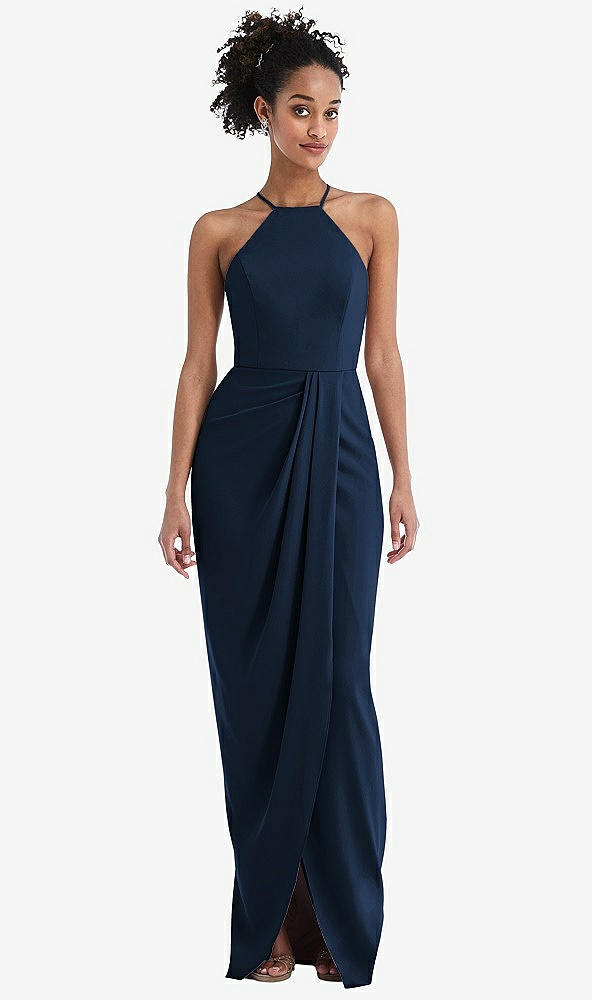 Front View - Midnight Navy Halter Draped Tulip Skirt Maxi Dress