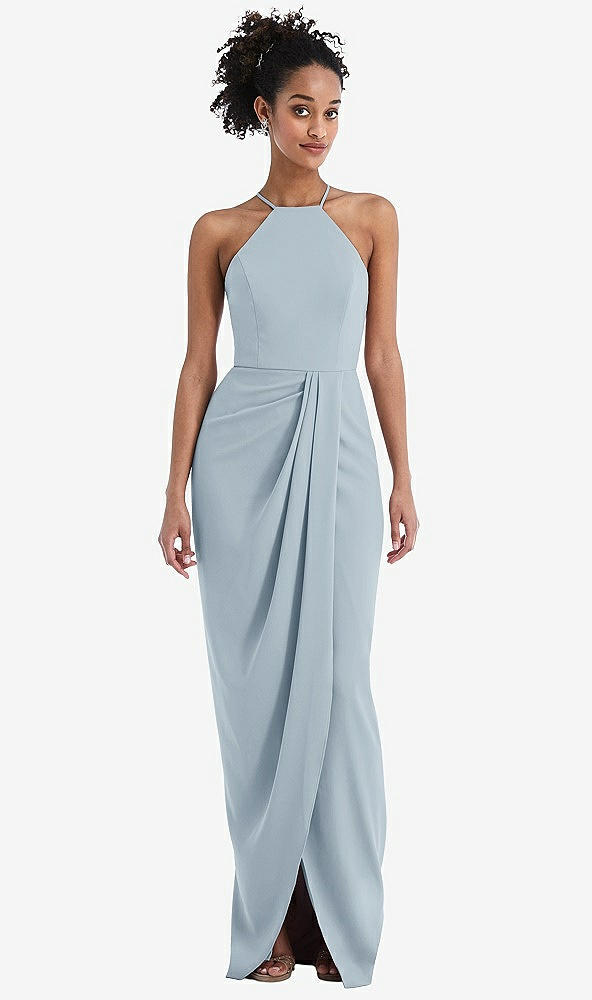 Front View - Mist Halter Draped Tulip Skirt Maxi Dress