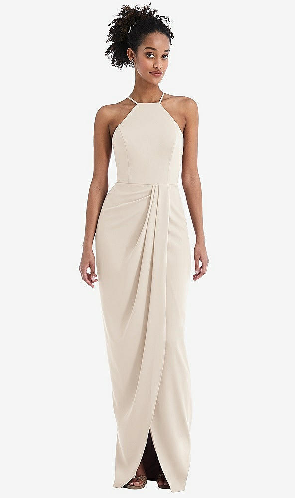 Front View - Oat Halter Draped Tulip Skirt Maxi Dress