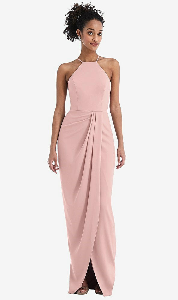 Front View - Rose - PANTONE Rose Quartz Halter Draped Tulip Skirt Maxi Dress