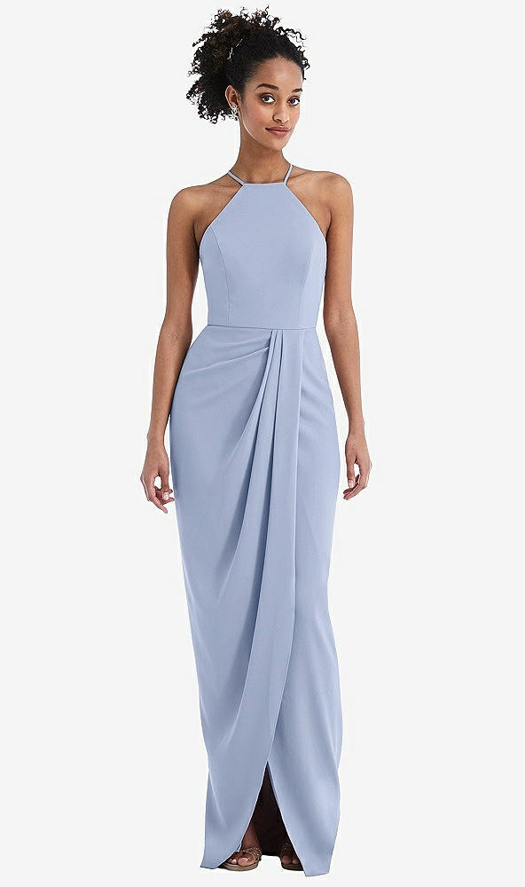 Front View - Sky Blue Halter Draped Tulip Skirt Maxi Dress