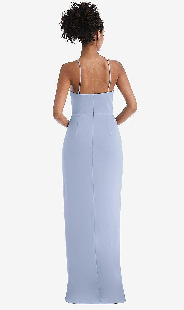 Back View - Sky Blue Halter Draped Tulip Skirt Maxi Dress