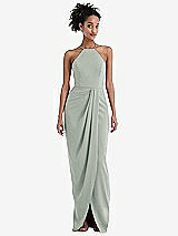 Front View Thumbnail - Willow Green Halter Draped Tulip Skirt Maxi Dress