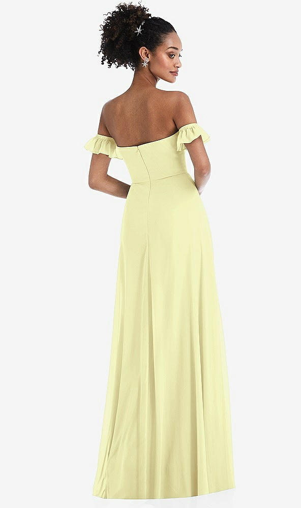 Back View - Butter Yellow Off-the-Shoulder Ruffle Cuff Sleeve Chiffon Maxi Dress