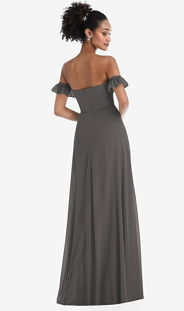 Back View - Caviar Gray Off-the-Shoulder Ruffle Cuff Sleeve Chiffon Maxi Dress