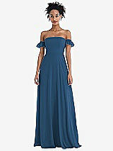 Front View Thumbnail - Dusk Blue Off-the-Shoulder Ruffle Cuff Sleeve Chiffon Maxi Dress