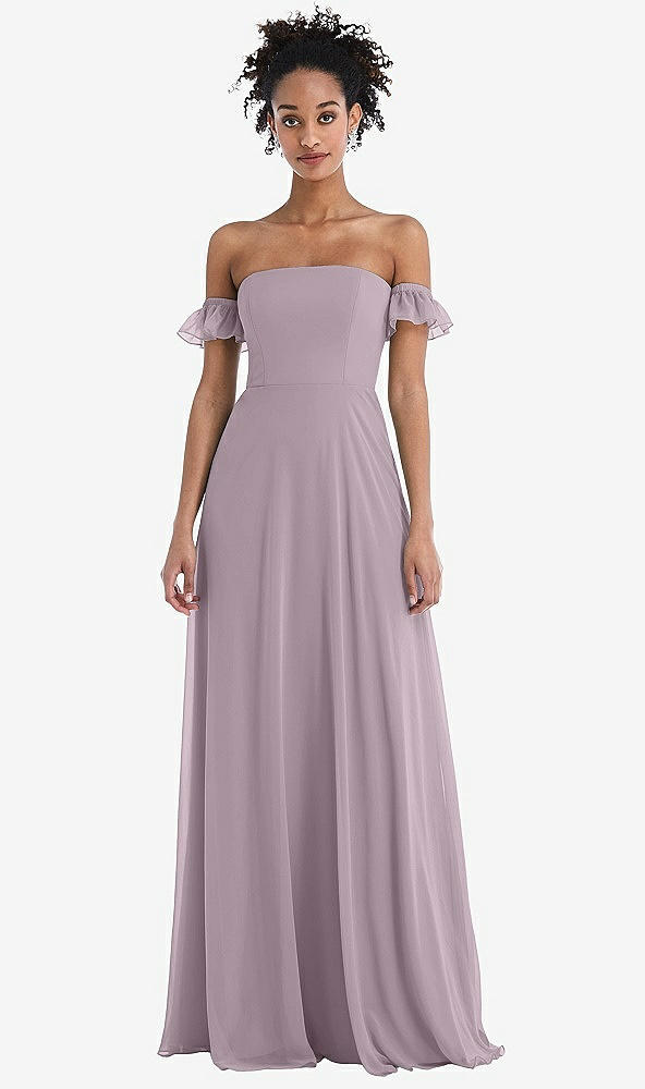 Front View - Lilac Dusk Off-the-Shoulder Ruffle Cuff Sleeve Chiffon Maxi Dress