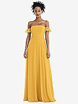 Front View Thumbnail - NYC Yellow Off-the-Shoulder Ruffle Cuff Sleeve Chiffon Maxi Dress