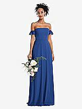 Alt View 1 Thumbnail - Classic Blue Off-the-Shoulder Ruffle Cuff Sleeve Chiffon Maxi Dress