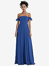 Front View Thumbnail - Classic Blue Off-the-Shoulder Ruffle Cuff Sleeve Chiffon Maxi Dress