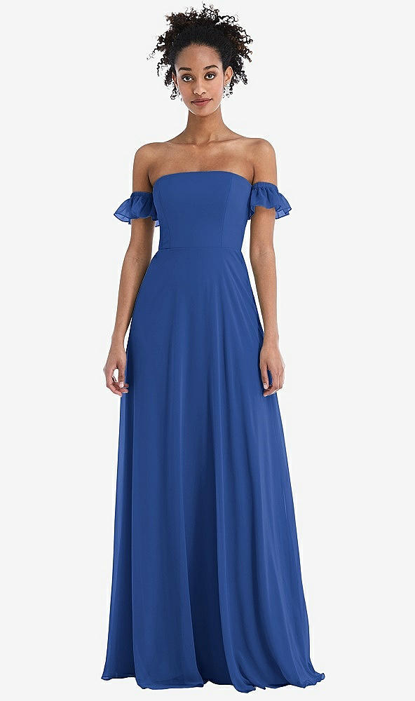 Front View - Classic Blue Off-the-Shoulder Ruffle Cuff Sleeve Chiffon Maxi Dress