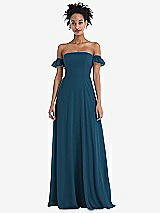 Front View Thumbnail - Atlantic Blue Off-the-Shoulder Ruffle Cuff Sleeve Chiffon Maxi Dress