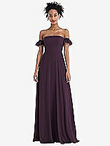 Front View Thumbnail - Aubergine Off-the-Shoulder Ruffle Cuff Sleeve Chiffon Maxi Dress