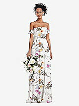 Alt View 1 Thumbnail - Butterfly Botanica Ivory Off-the-Shoulder Ruffle Cuff Sleeve Chiffon Maxi Dress