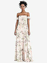 Front View Thumbnail - Blush Garden Off-the-Shoulder Ruffle Cuff Sleeve Chiffon Maxi Dress