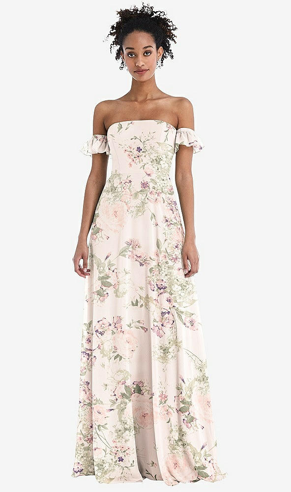 Front View - Blush Garden Off-the-Shoulder Ruffle Cuff Sleeve Chiffon Maxi Dress