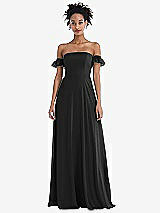 Front View Thumbnail - Black Off-the-Shoulder Ruffle Cuff Sleeve Chiffon Maxi Dress