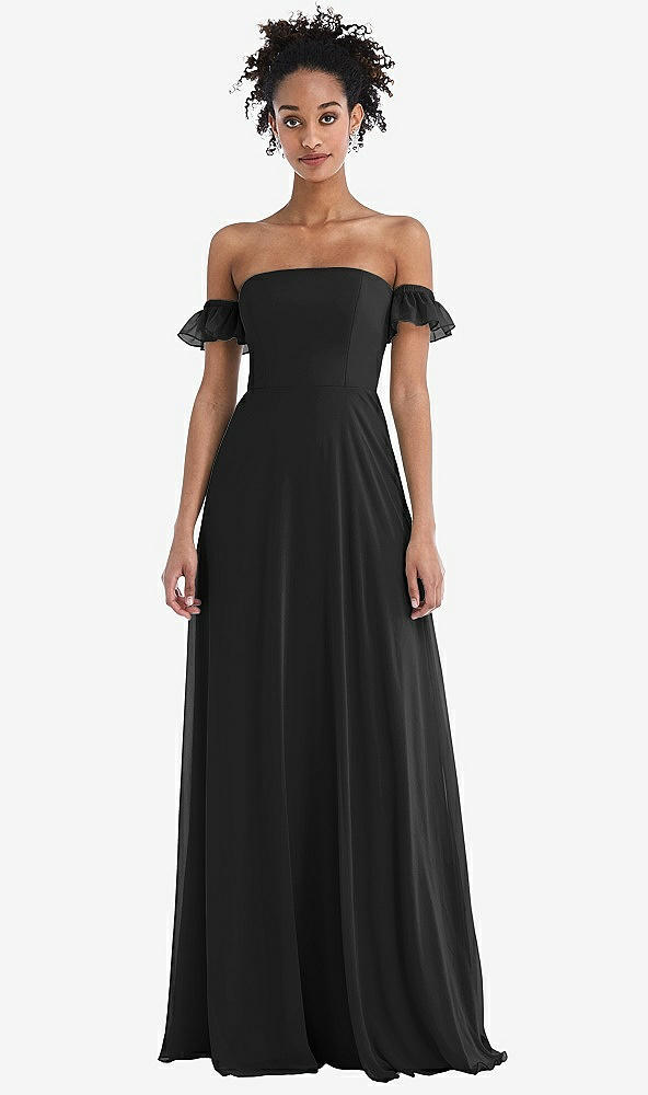 Front View - Black Off-the-Shoulder Ruffle Cuff Sleeve Chiffon Maxi Dress