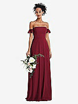 Alt View 1 Thumbnail - Burgundy Off-the-Shoulder Ruffle Cuff Sleeve Chiffon Maxi Dress