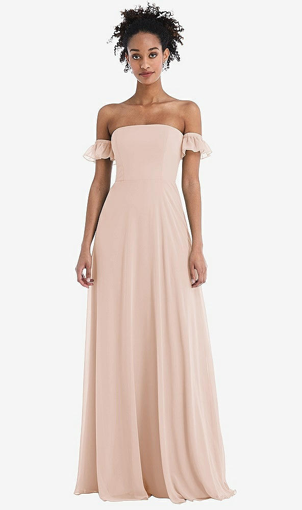 Front View - Cameo Off-the-Shoulder Ruffle Cuff Sleeve Chiffon Maxi Dress