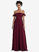 Front View Thumbnail - Cabernet Off-the-Shoulder Ruffle Cuff Sleeve Chiffon Maxi Dress