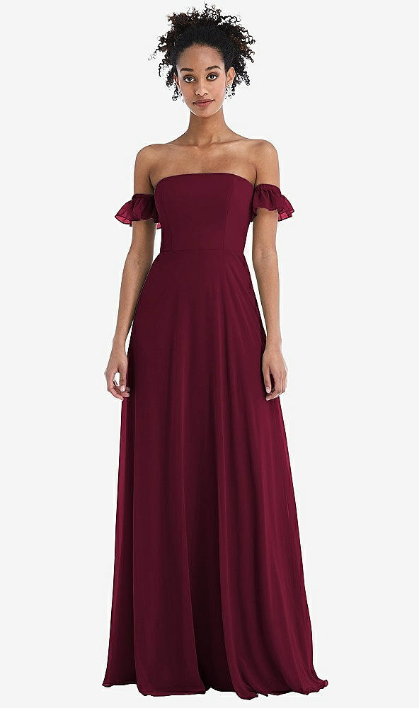 Front View - Cabernet Off-the-Shoulder Ruffle Cuff Sleeve Chiffon Maxi Dress