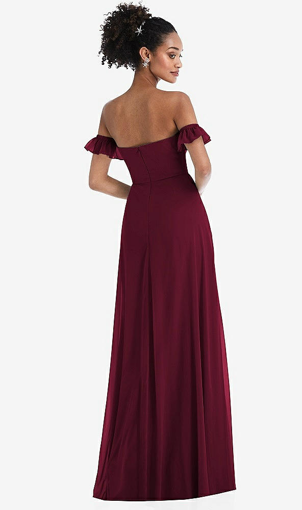 Back View - Cabernet Off-the-Shoulder Ruffle Cuff Sleeve Chiffon Maxi Dress