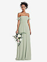 Alt View 1 Thumbnail - Celadon Off-the-Shoulder Ruffle Cuff Sleeve Chiffon Maxi Dress