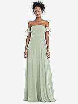 Front View Thumbnail - Celadon Off-the-Shoulder Ruffle Cuff Sleeve Chiffon Maxi Dress