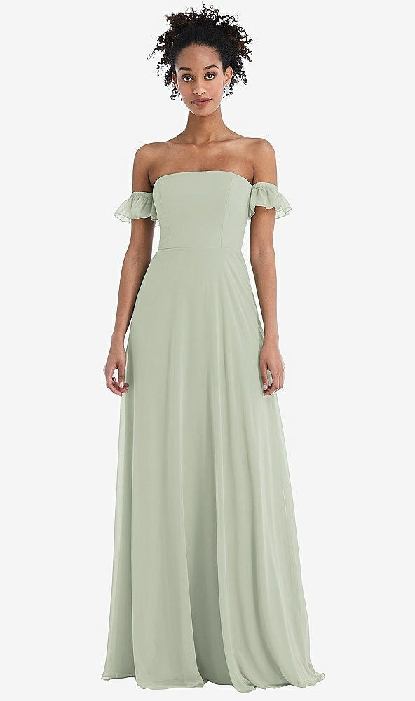 Front View - Celadon Off-the-Shoulder Ruffle Cuff Sleeve Chiffon Maxi Dress