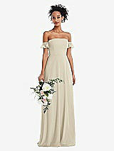 Alt View 1 Thumbnail - Champagne Off-the-Shoulder Ruffle Cuff Sleeve Chiffon Maxi Dress