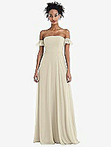 Front View Thumbnail - Champagne Off-the-Shoulder Ruffle Cuff Sleeve Chiffon Maxi Dress