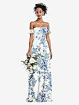 Alt View 1 Thumbnail - Cottage Rose Dusk Blue Off-the-Shoulder Ruffle Cuff Sleeve Chiffon Maxi Dress