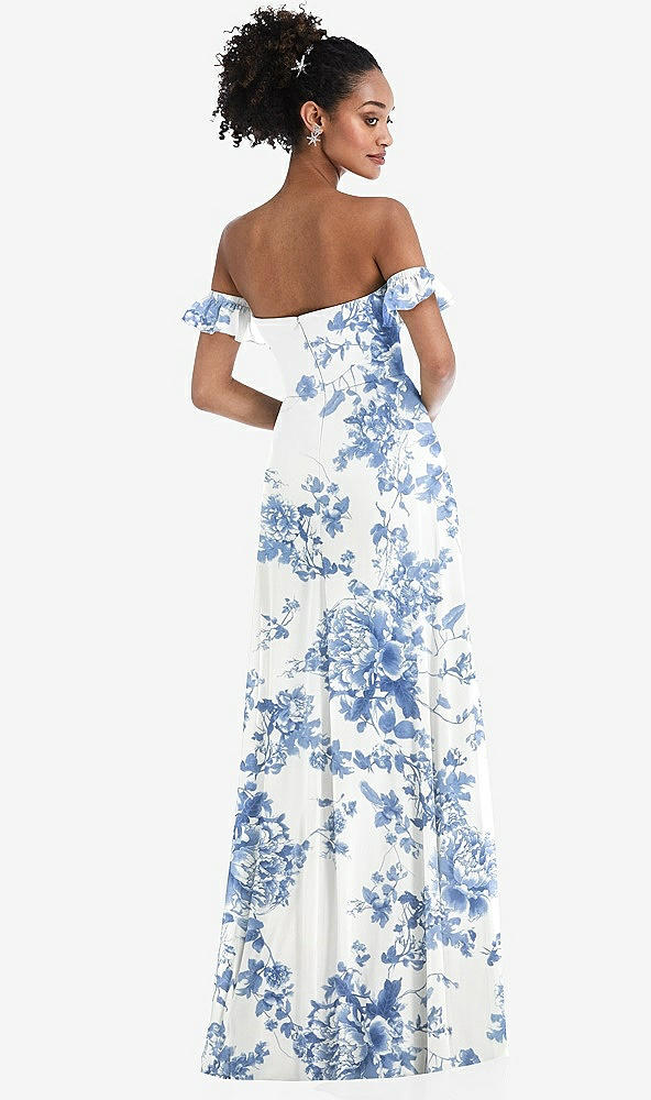 Back View - Cottage Rose Dusk Blue Off-the-Shoulder Ruffle Cuff Sleeve Chiffon Maxi Dress