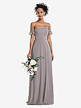 Alt View 1 Thumbnail - Cashmere Gray Off-the-Shoulder Ruffle Cuff Sleeve Chiffon Maxi Dress