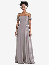 Front View Thumbnail - Cashmere Gray Off-the-Shoulder Ruffle Cuff Sleeve Chiffon Maxi Dress