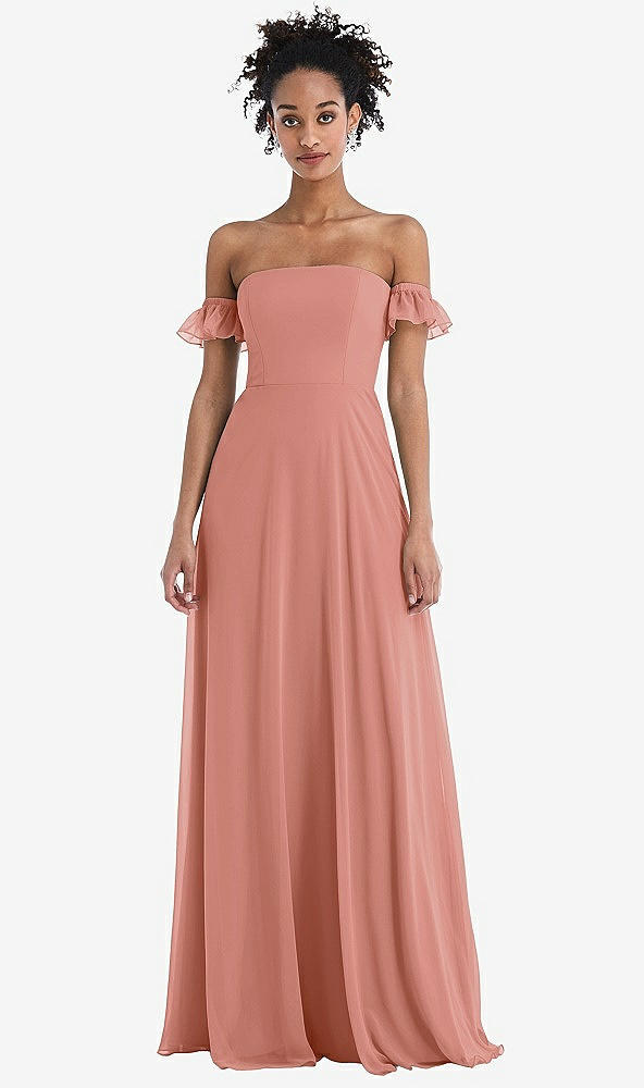 Front View - Desert Rose Off-the-Shoulder Ruffle Cuff Sleeve Chiffon Maxi Dress