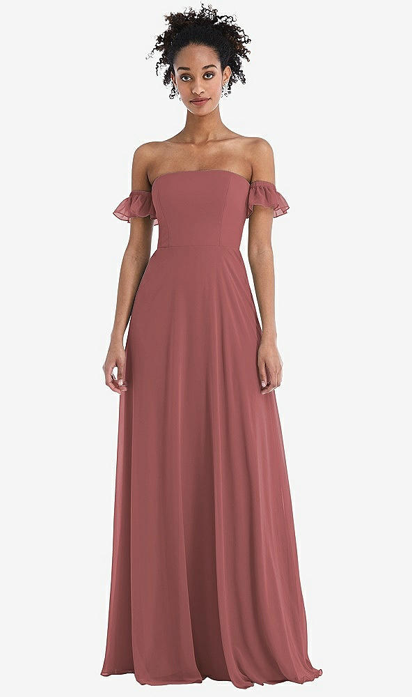 Front View - English Rose Off-the-Shoulder Ruffle Cuff Sleeve Chiffon Maxi Dress