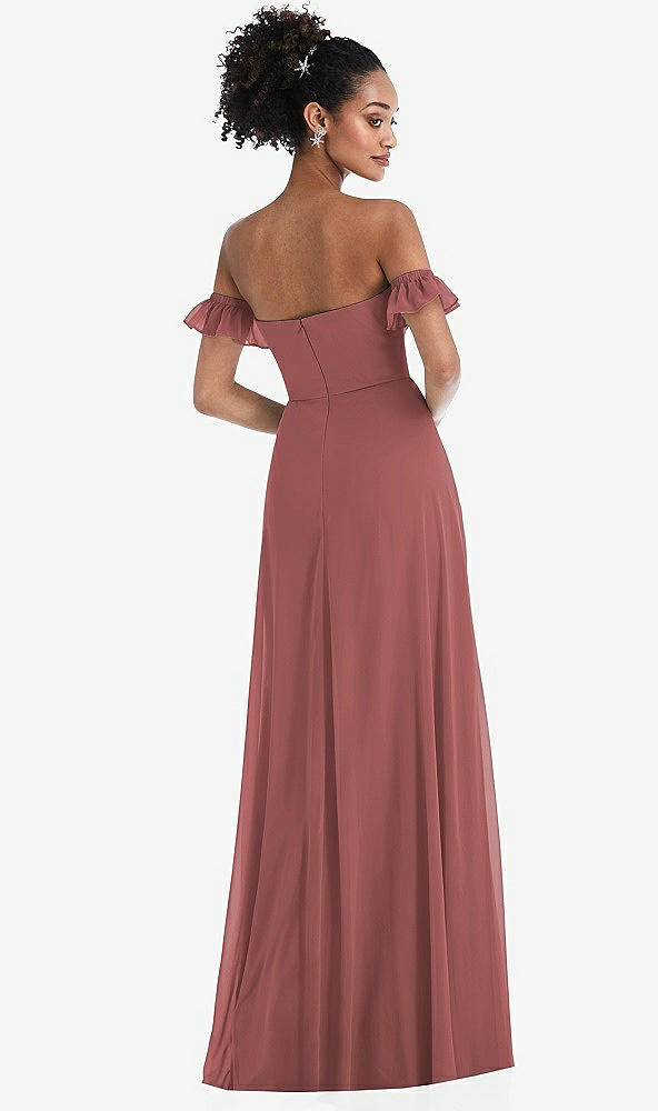 Back View - English Rose Off-the-Shoulder Ruffle Cuff Sleeve Chiffon Maxi Dress