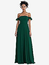 Front View Thumbnail - Hunter Green Off-the-Shoulder Ruffle Cuff Sleeve Chiffon Maxi Dress