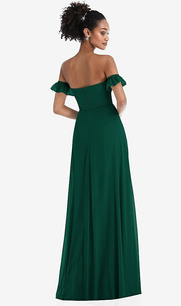 Back View - Hunter Green Off-the-Shoulder Ruffle Cuff Sleeve Chiffon Maxi Dress