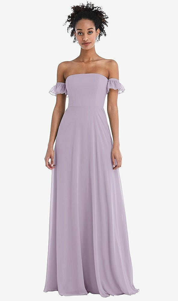 Front View - Lilac Haze Off-the-Shoulder Ruffle Cuff Sleeve Chiffon Maxi Dress