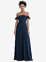 Front View Thumbnail - Midnight Navy Off-the-Shoulder Ruffle Cuff Sleeve Chiffon Maxi Dress