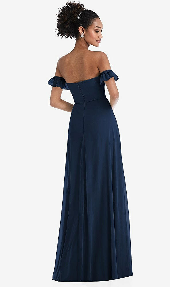 Back View - Midnight Navy Off-the-Shoulder Ruffle Cuff Sleeve Chiffon Maxi Dress