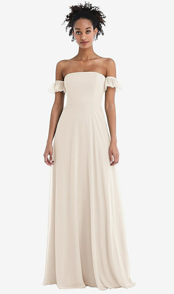 Front View - Oat Off-the-Shoulder Ruffle Cuff Sleeve Chiffon Maxi Dress