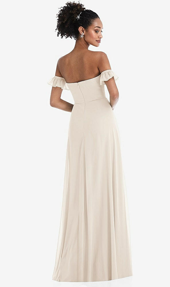 Back View - Oat Off-the-Shoulder Ruffle Cuff Sleeve Chiffon Maxi Dress